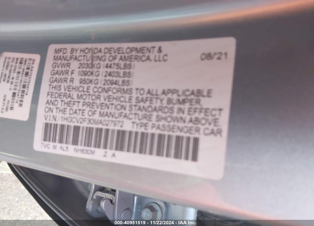 2021 HONDA ACCORD VIN: 1HGCV2F30MA027972