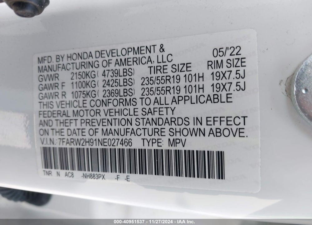 2022 HONDA CR-V AWD TOURING VIN: 7FARW2H91NE027466
