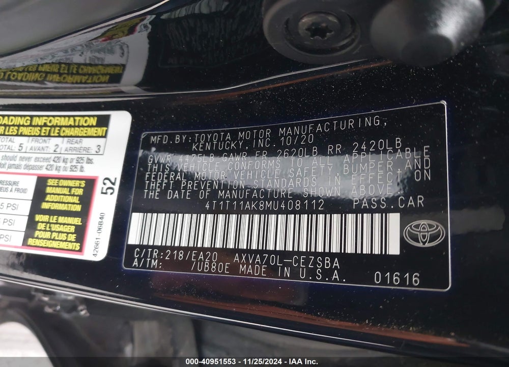 2021 TOYOTA CAMRY VIN: 4T1T11AK8MU408112