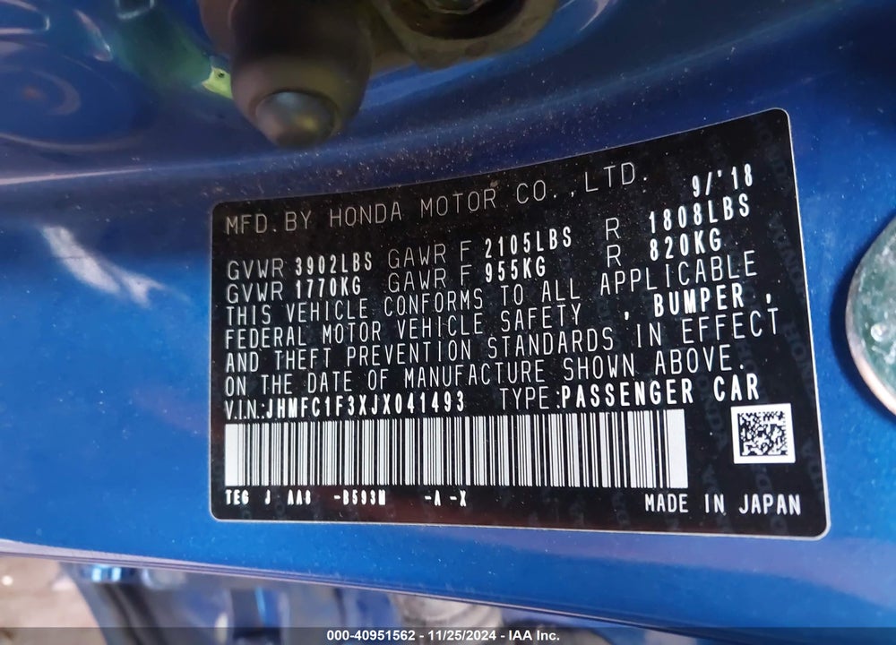 2018 HONDA CIVIC EX-T VIN: JHMFC1F3XJX041493