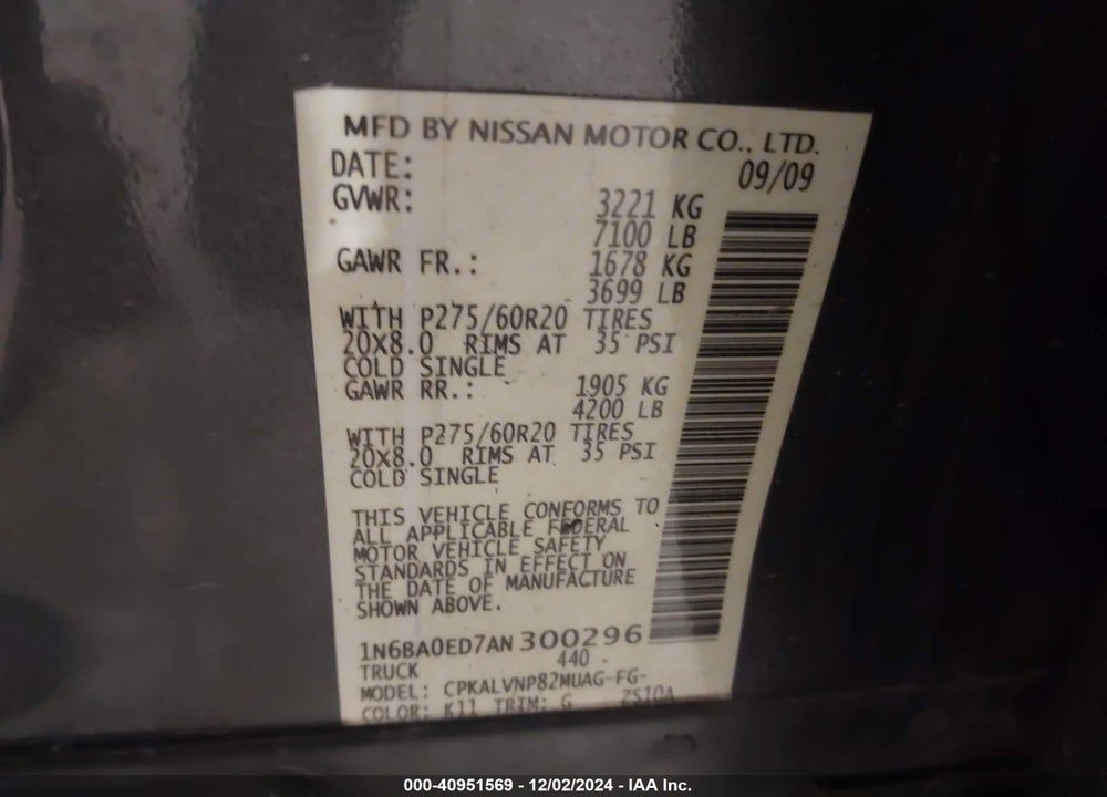 2010 NISSAN TITAN VIN: 1N6BA0ED7AN300296