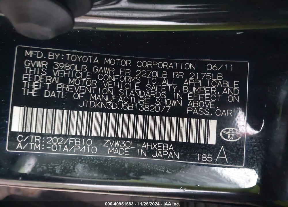 2011 TOYOTA PRIUS TWO VIN: JTDKN3DU5B1382077