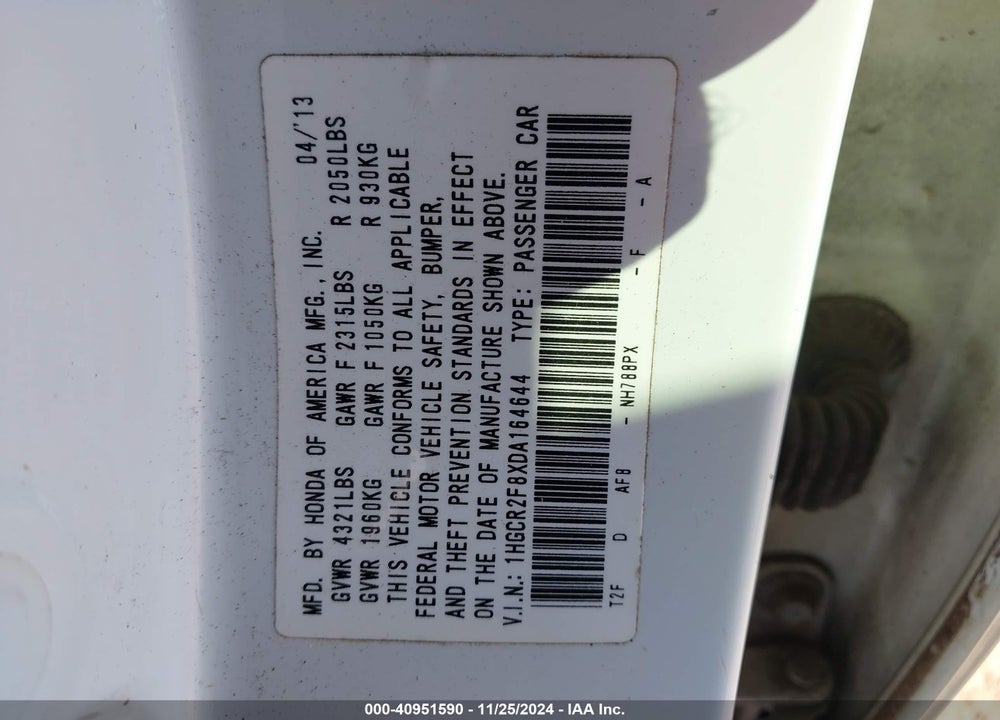 2013 HONDA ACCORD EX-L VIN: 1HGCR2F8XDA164644