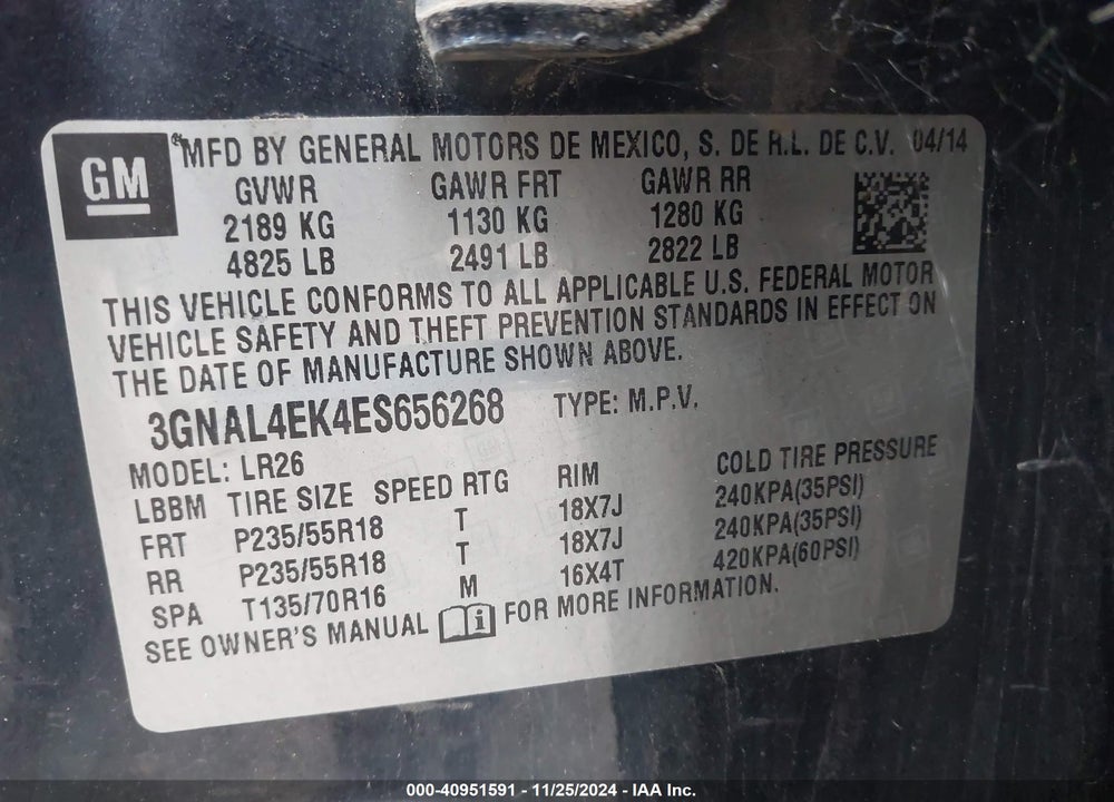 2014 CHEVROLET CAPTIVA SPORT LTZ VIN: 3GNAL4EK4ES656268