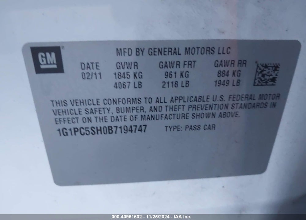 2011 CHEVROLET CRUZE LS VIN: 1G1PC5SH0B7194747