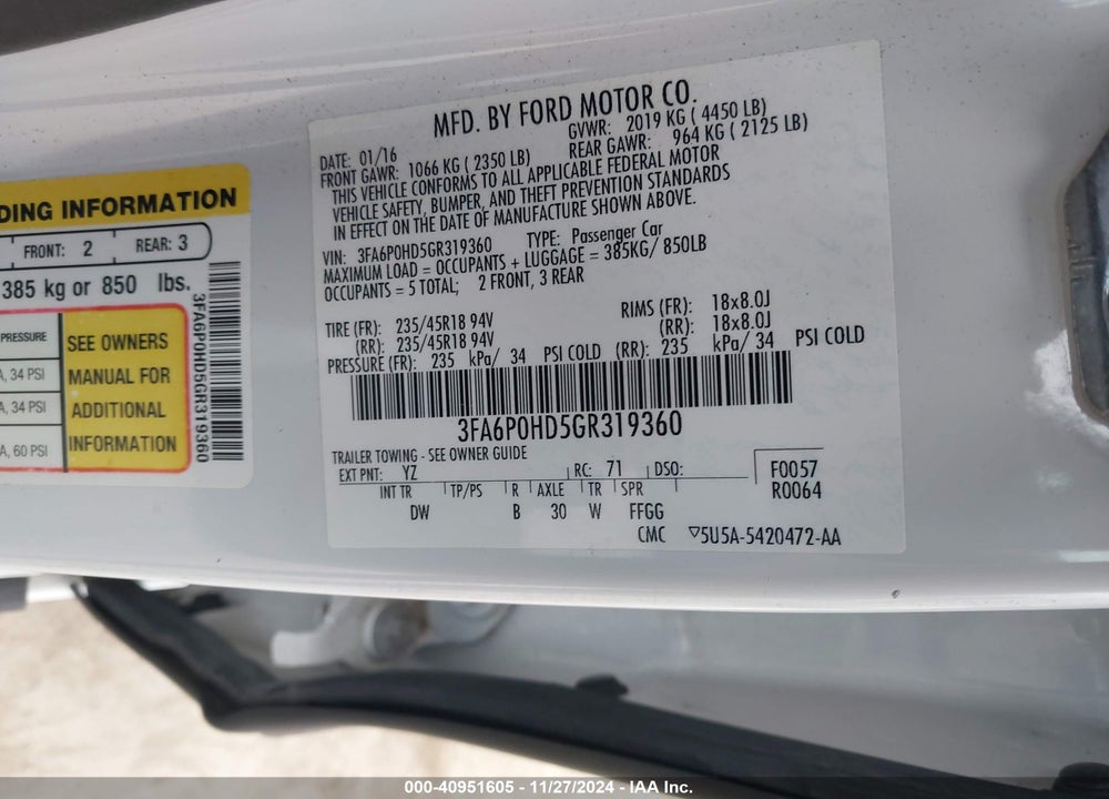 2016 FORD FUSION SE VIN: 3FA6P0HD5GR319360