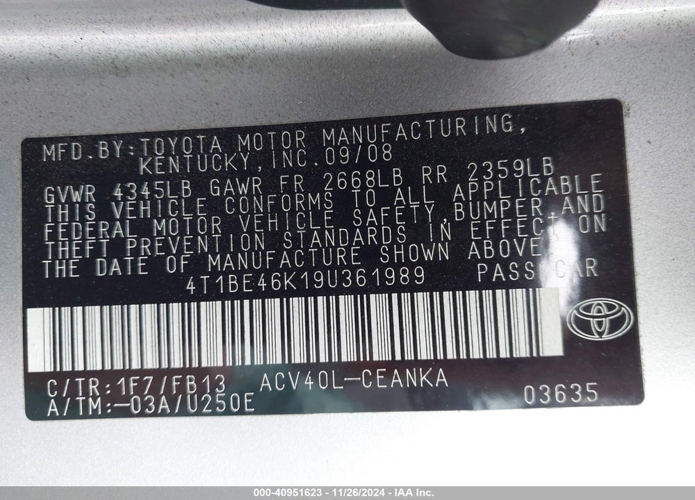 2009 TOYOTA CAMRY LE VIN: 4T1BE46K19U361989