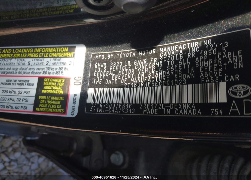 2014 TOYOTA COROLLA LE VIN: 2T1BURHE5EC091023