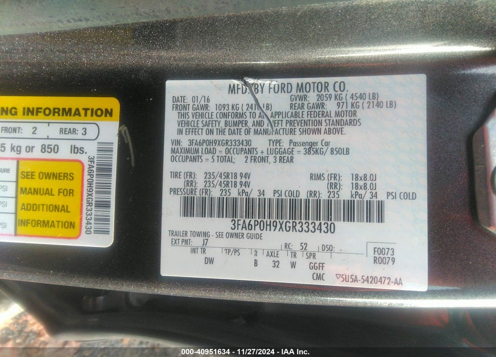 2016 FORD FUSION SE VIN: 3FA6P0H9XGR333430