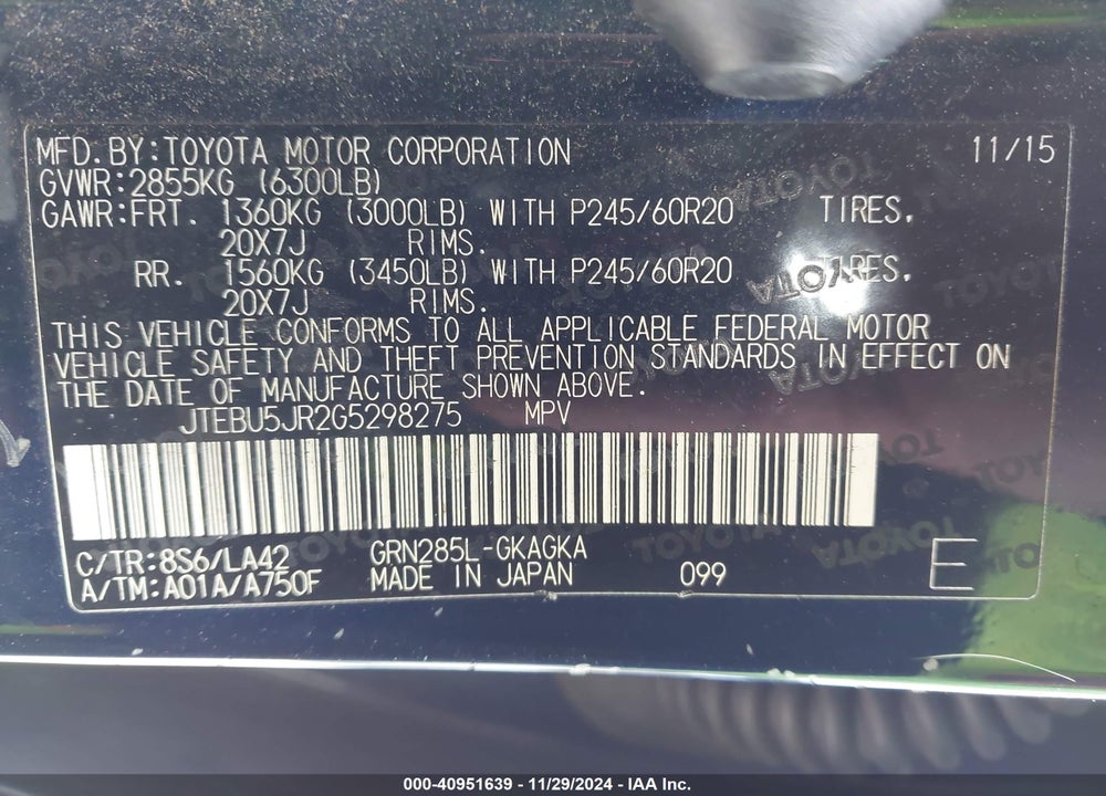 2016 TOYOTA 4RUNNER LIMITED VIN: JTEBU5JR2G5298275