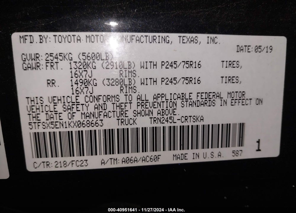 2019 TOYOTA TACOMA SR5 VIN: 5TFSX5EN1KX068663