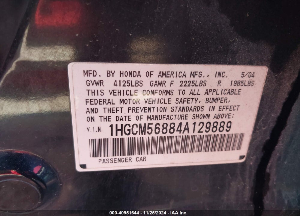 2004 HONDA ACCORD 2.4 EX VIN: 1HGCM56884A129889