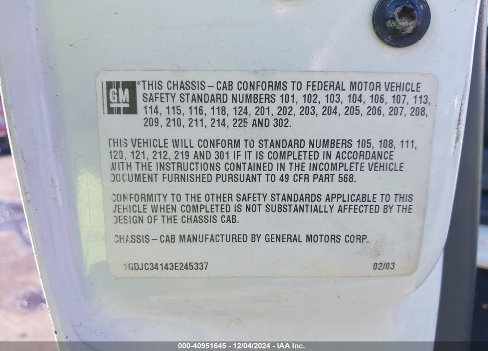 2003 GMC SIERRA 3500 CHASSIS VIN: 1GDJC34143E245337