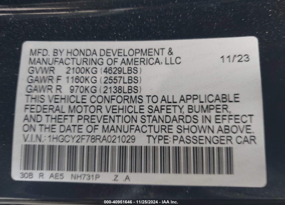 2024 HONDA ACCORD HYBRID SPORT-L VIN: 1HGCY2F78RA021029