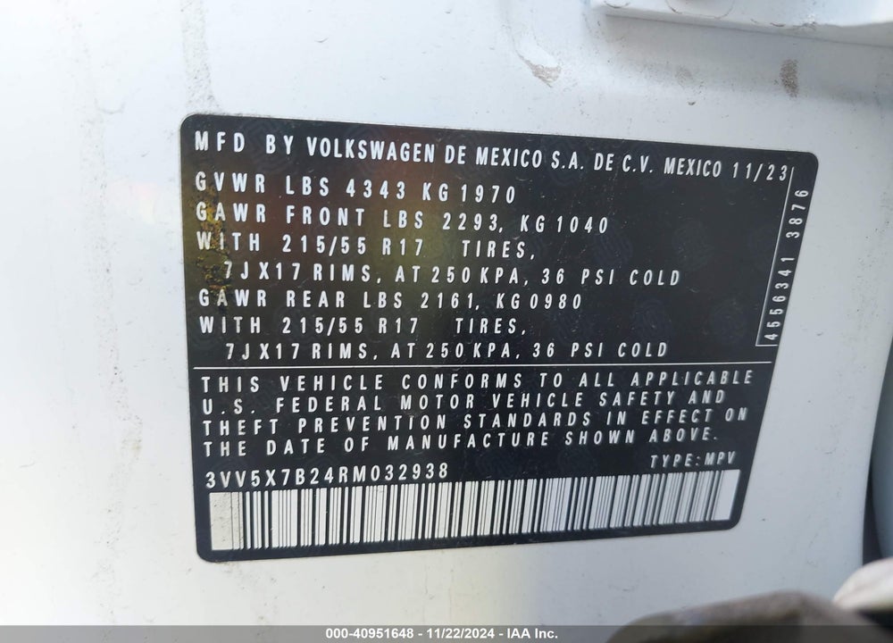 2024 VOLKSWAGEN TAOS 1.5T S VIN: 3VV5X7B24RM032938