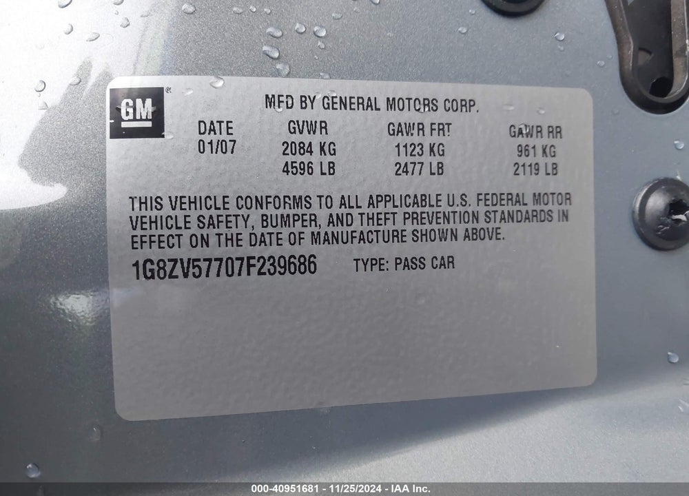 2007 SATURN AURA XR VIN: 1G8ZV57707F239686