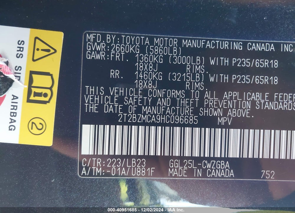 2017 LEXUS RX 350 VIN: 2T2BZMCA9HC096685