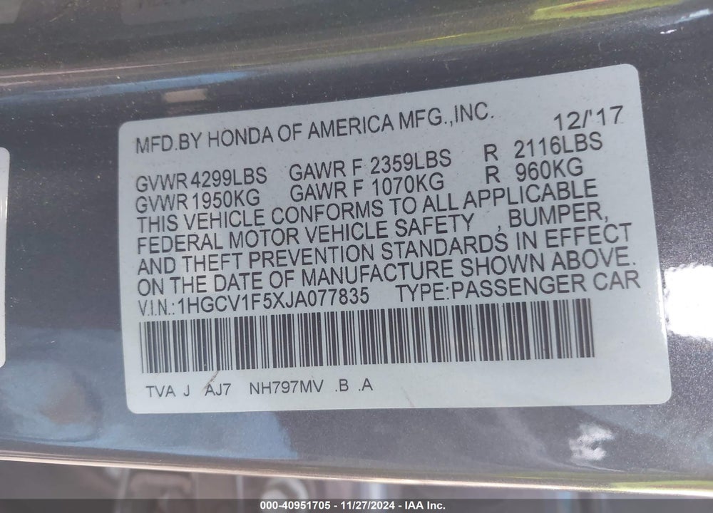 2018 HONDA ACCORD EX-L VIN: 1HGCV1F5XJA077835