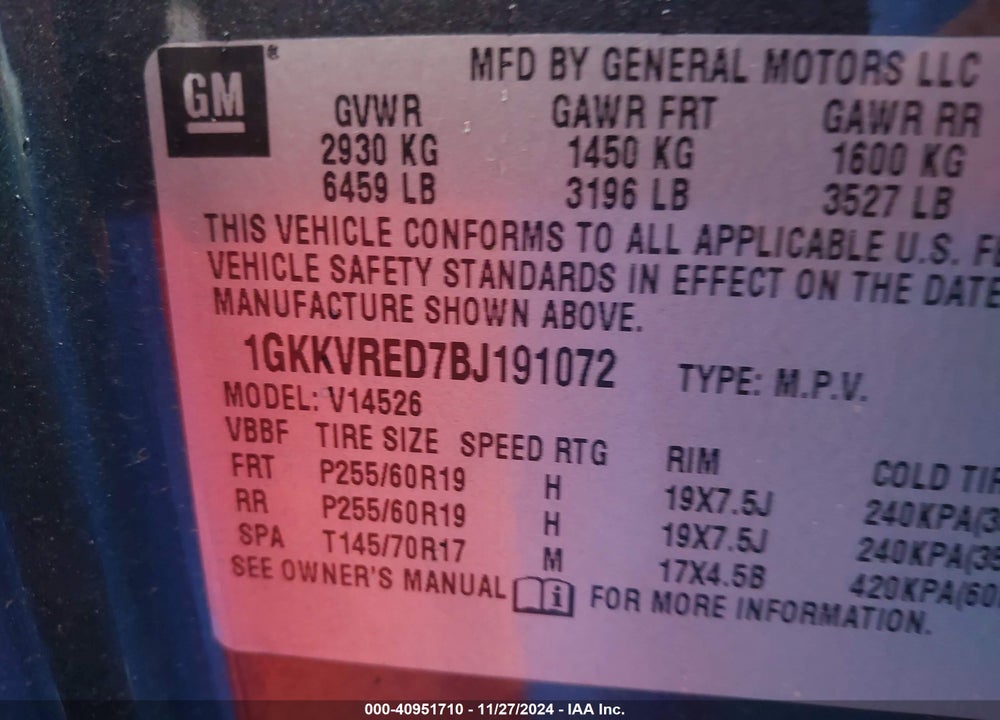 2011 GMC ACADIA SLT-1 VIN: 1GKKVRED7BJ191072