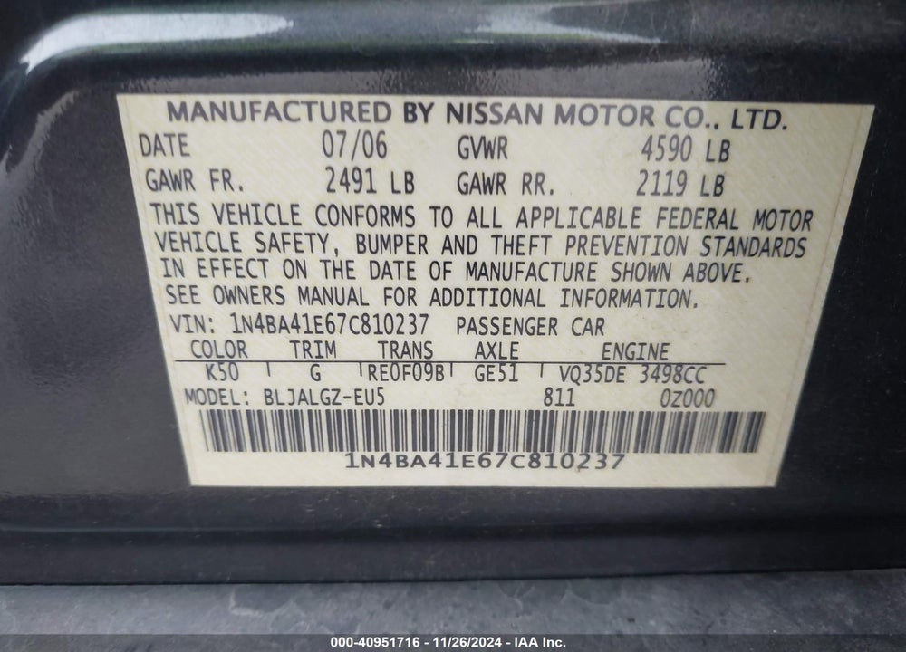 2007 NISSAN MAXIMA 3.5 SL VIN: 1N4BA41E67C810237