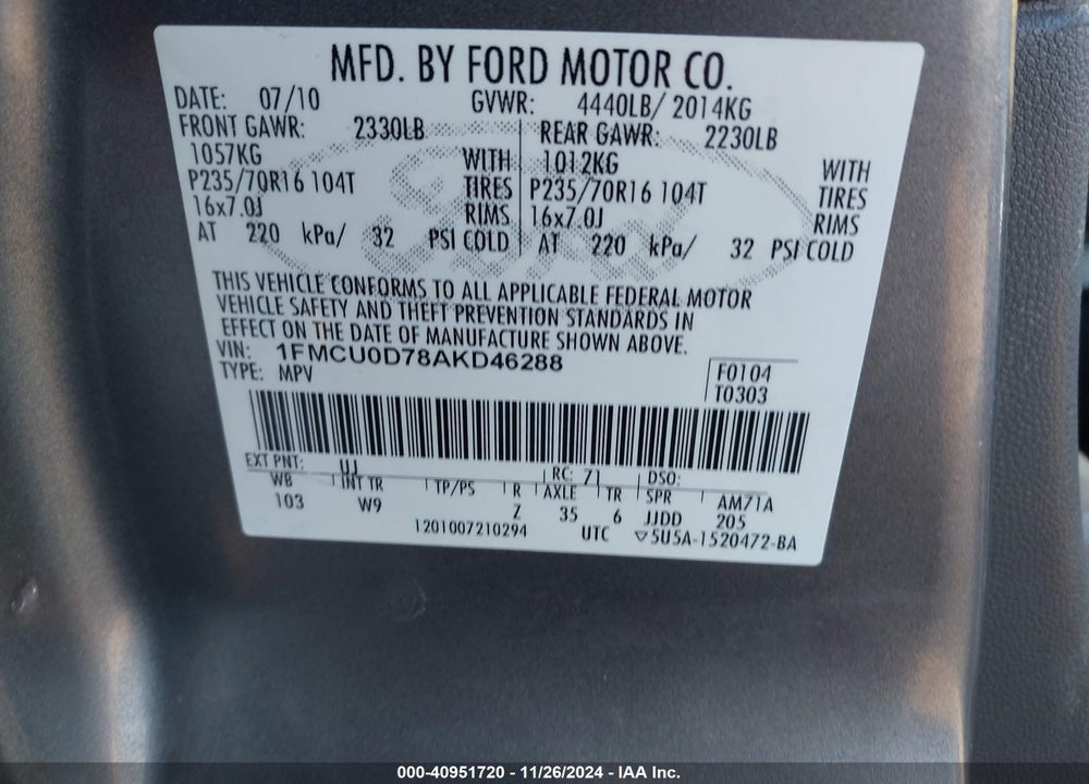 2010 FORD ESCAPE XLT VIN: 1FMCU0D78AKD46288