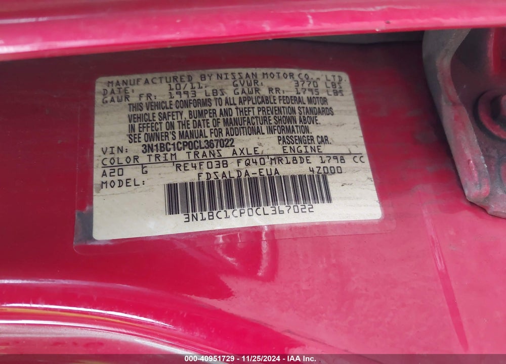 2012 NISSAN VERSA 1.8 S VIN: 3N1BC1CP0CL367022