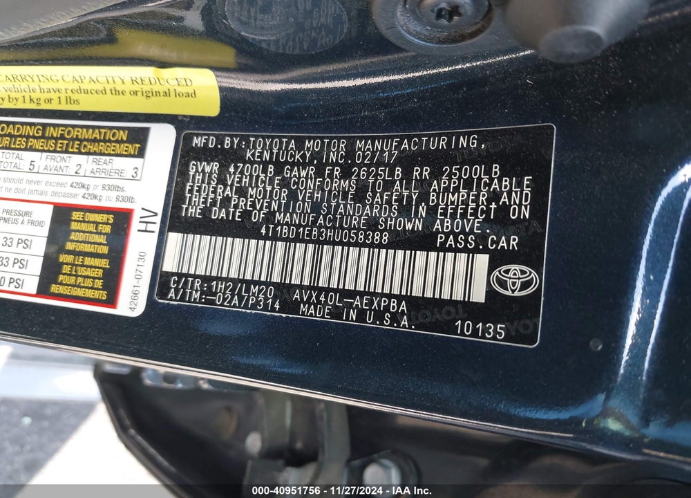 2017 TOYOTA AVALON HYBRID LIMITED VIN: 4T1BD1EB3HU058388
