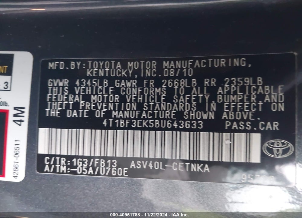2011 TOYOTA CAMRY LE VIN: 4T1BF3EK5BU643633