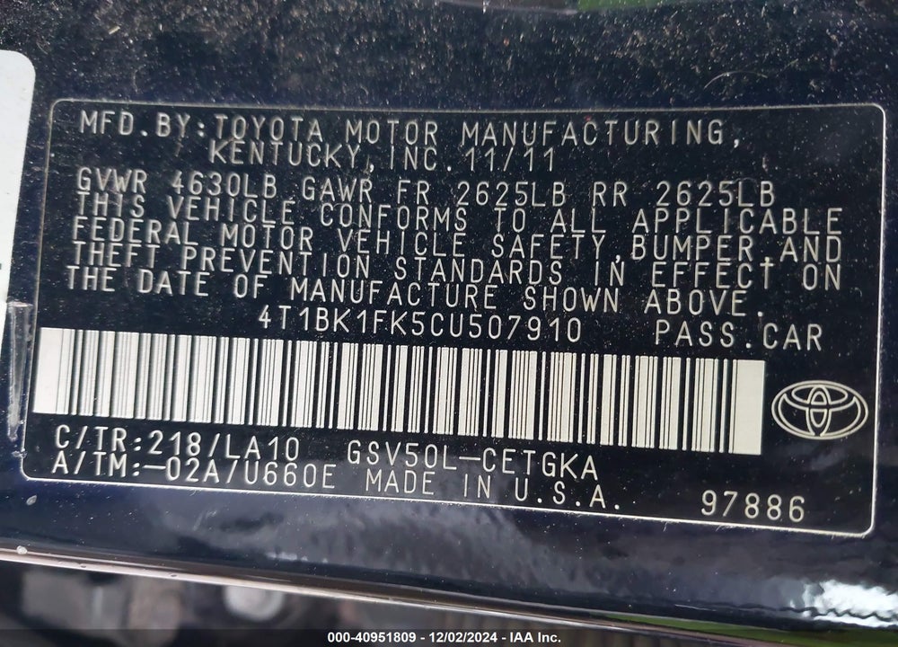 2012 TOYOTA CAMRY XLE V6 VIN: 4T1BK1FK5CU507910