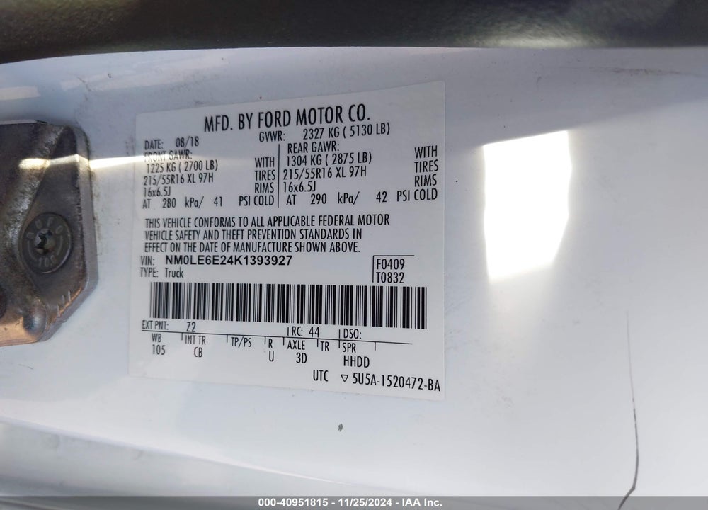 2019 FORD TRANSIT CONNECT XL VIN: NM0LE6E24K1393927