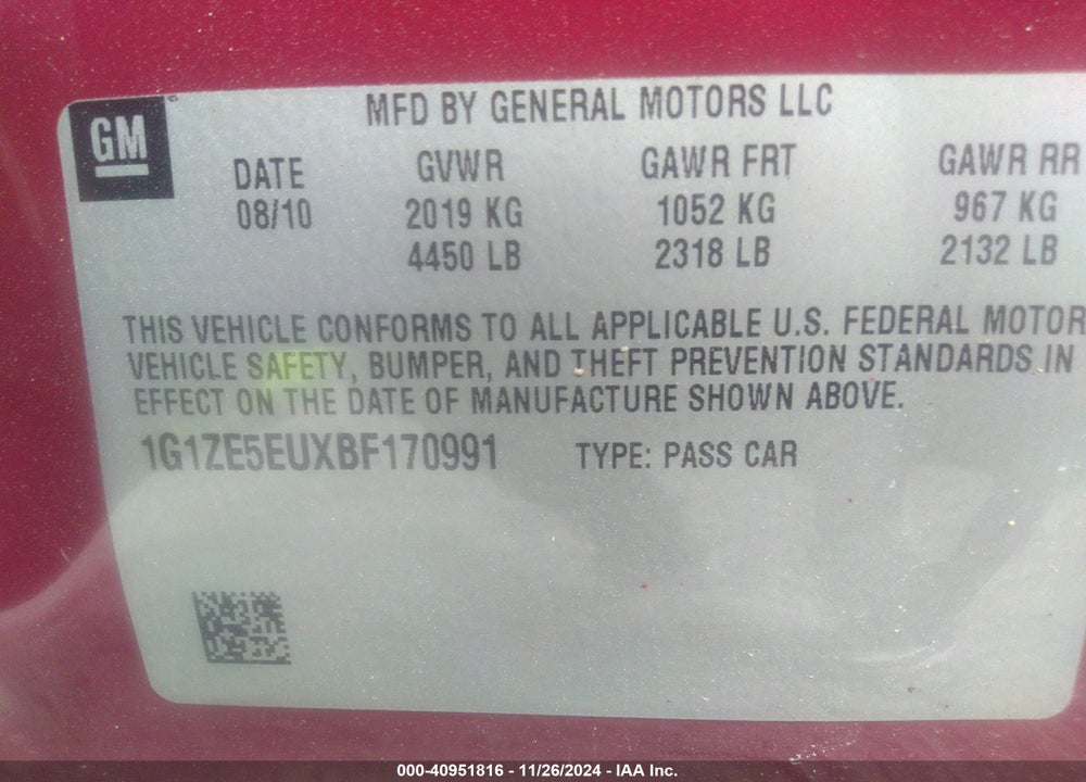 2011 CHEVROLET MALIBU LTZ VIN: 1G1ZE5EUXBF170991