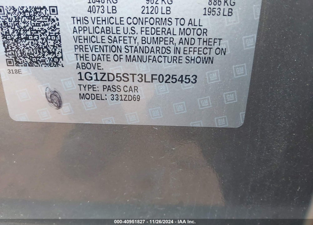 2020 CHEVROLET MALIBU FWD LT VIN: 1G1ZD5ST3LF025453