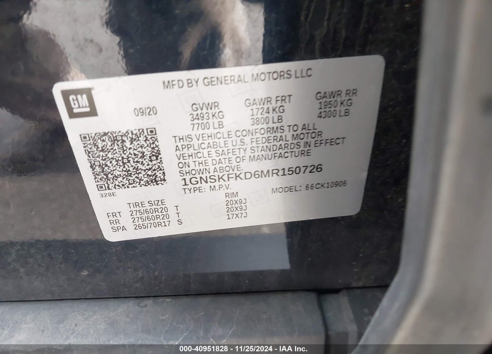 2021 CHEVROLET SUBURBAN 4WD PREMIER VIN: 1GNSKFKD6MR150726