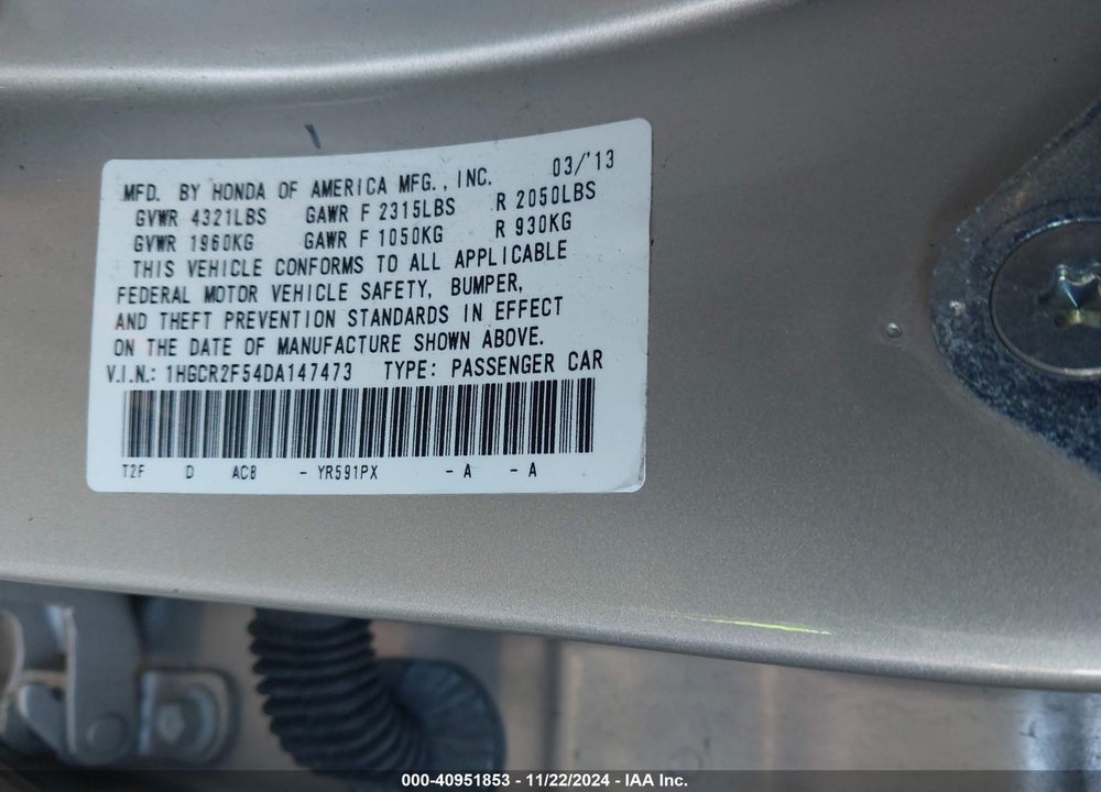2013 HONDA ACCORD SPORT VIN: 1HGCR2F54DA147473