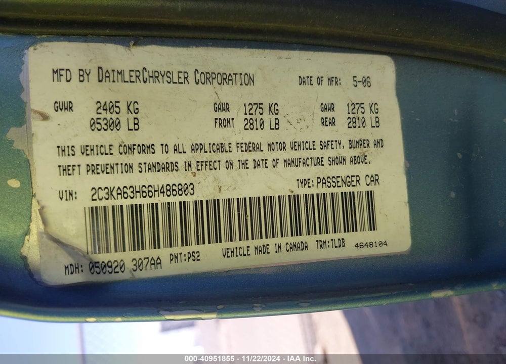2006 CHRYSLER 300C VIN: 2C3KA63H66H486803