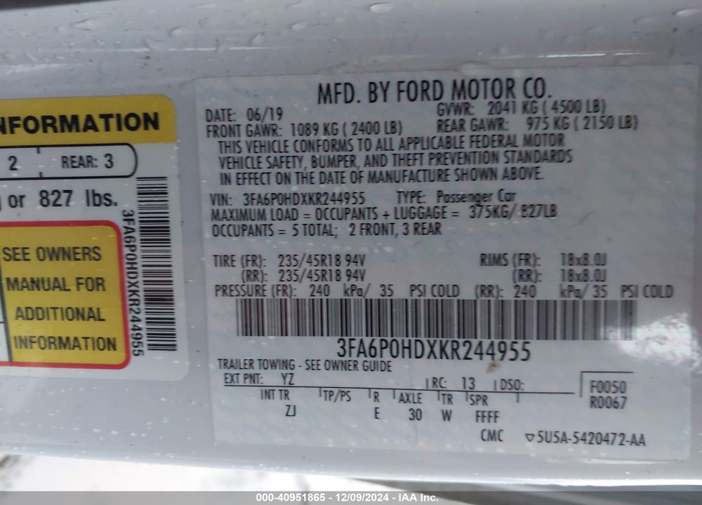 2019 FORD FUSION VIN: 3FA6P0HDXKR244955