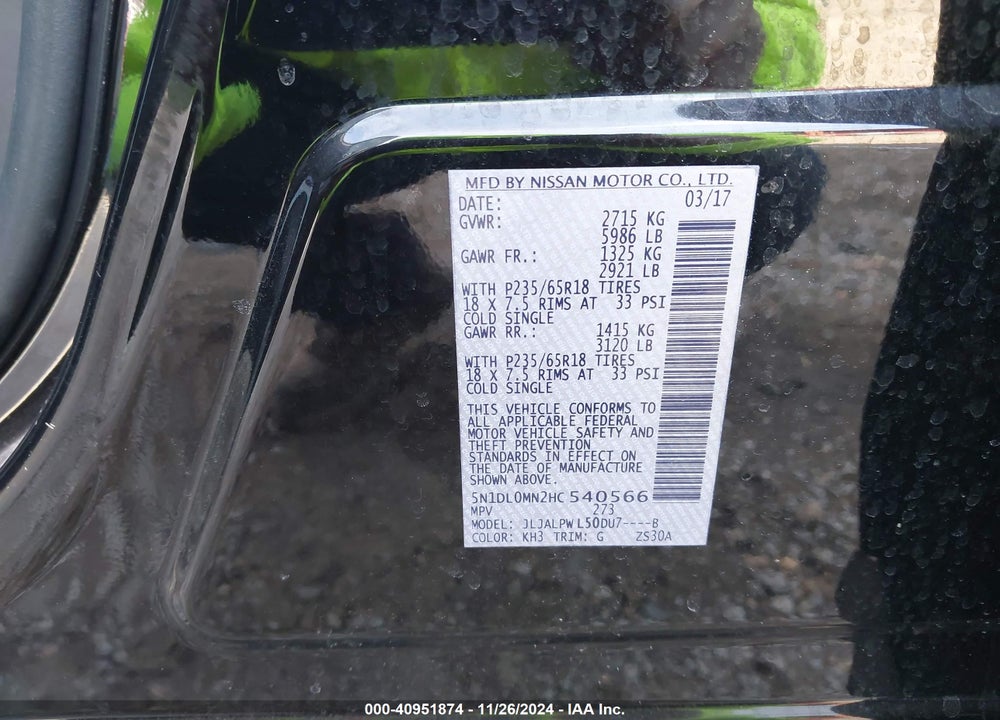 2017 INFINITI QX60 VIN: 5N1DL0MN2HC540566