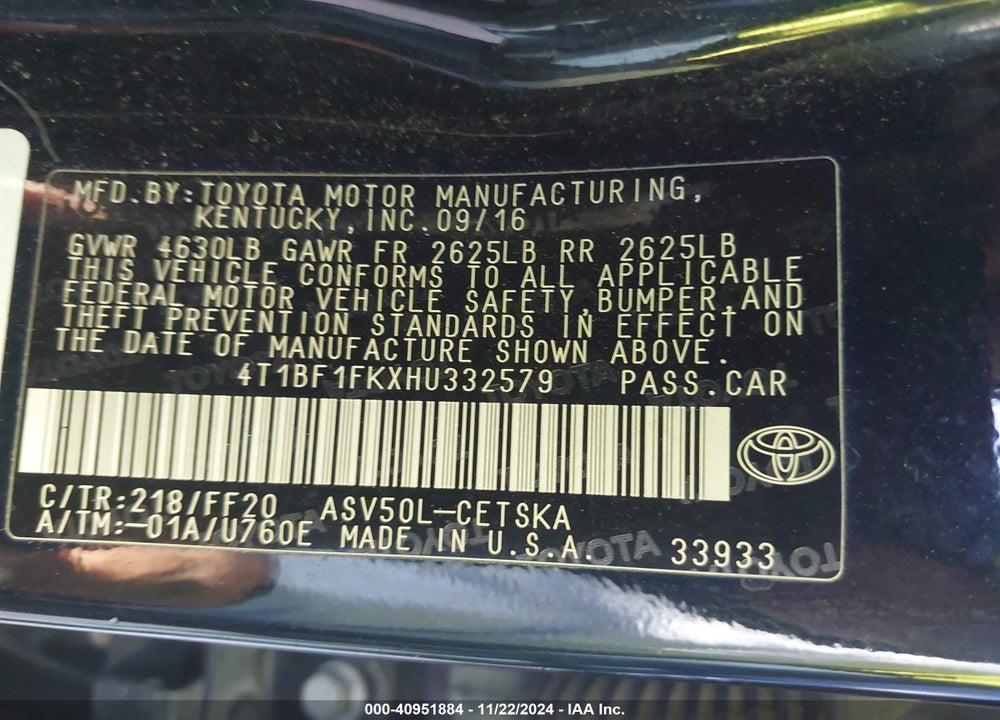 2017 TOYOTA CAMRY SE VIN: 4T1BF1FKXHU332579
