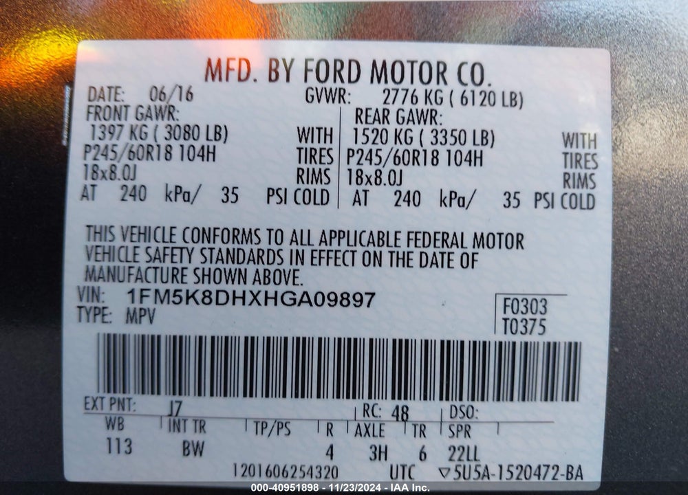 2017 FORD EXPLORER XLT VIN: 1FM5K8DHXHGA09897