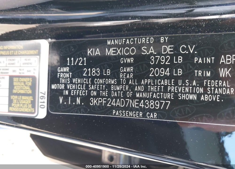 2022 KIA FORTE VIN: 3KPF24AD7NE438977