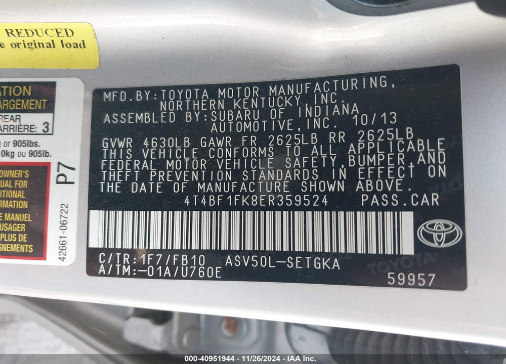 2014 TOYOTA CAMRY XLE VIN: 4T4BF1FK8ER359524