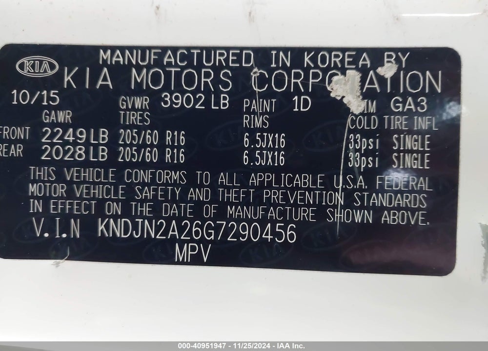 2016 KIA SOUL VIN: KNDJN2A26G7290456