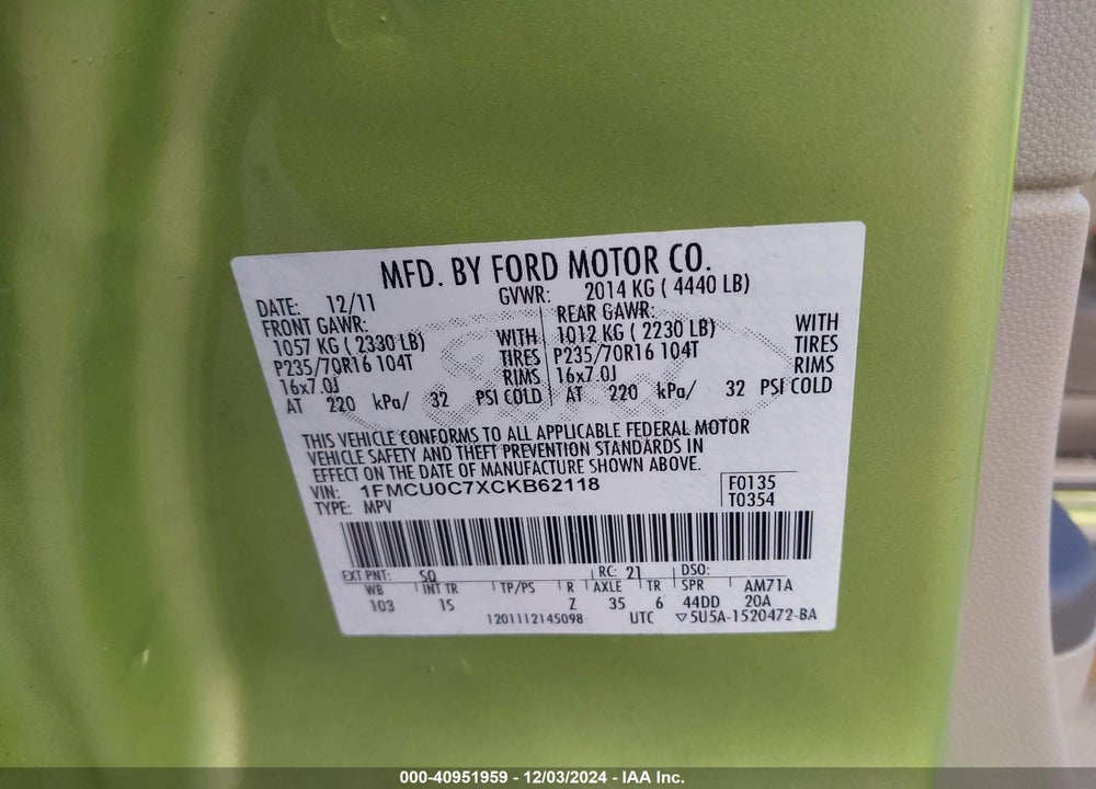 2012 FORD ESCAPE XLS VIN: 1FMCU0C7XCKB62118