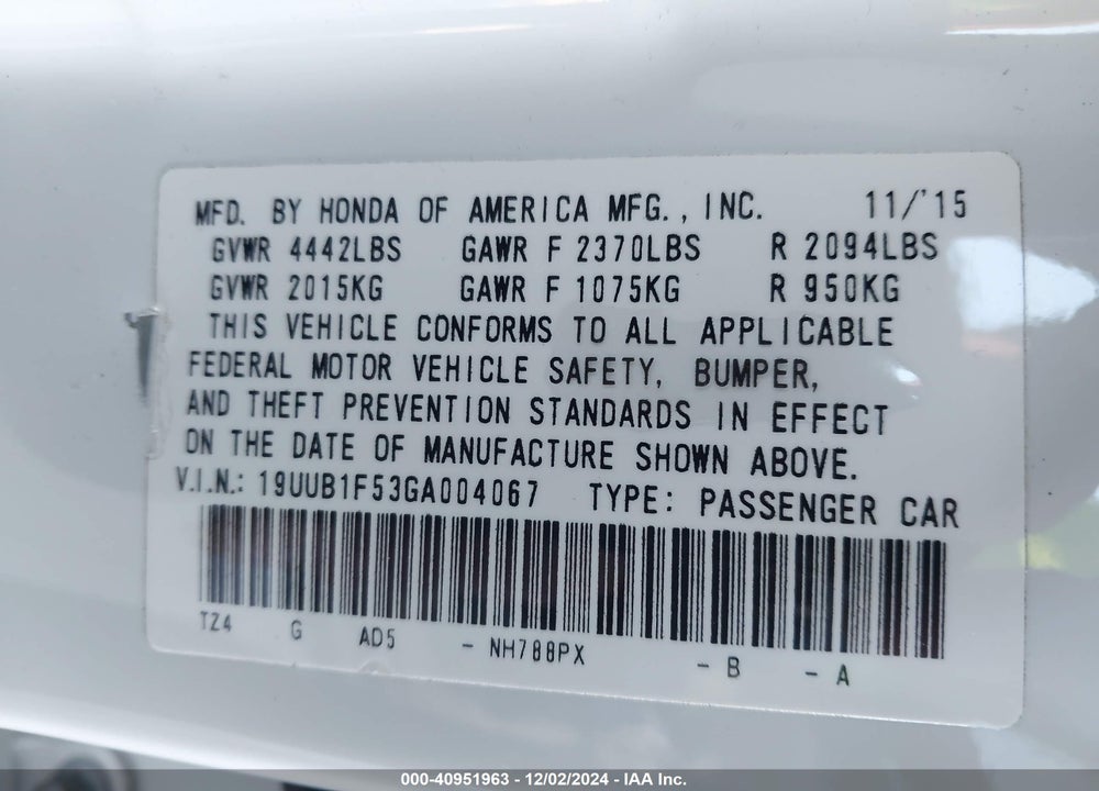 2016 ACURA TLX TECH VIN: 19UUB1F53GA004067