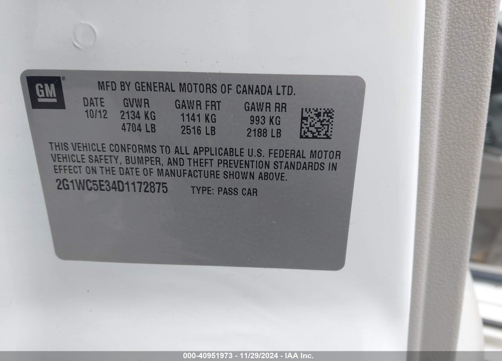 2013 CHEVROLET IMPALA LTZ VIN: 2G1WC5E34D1172875