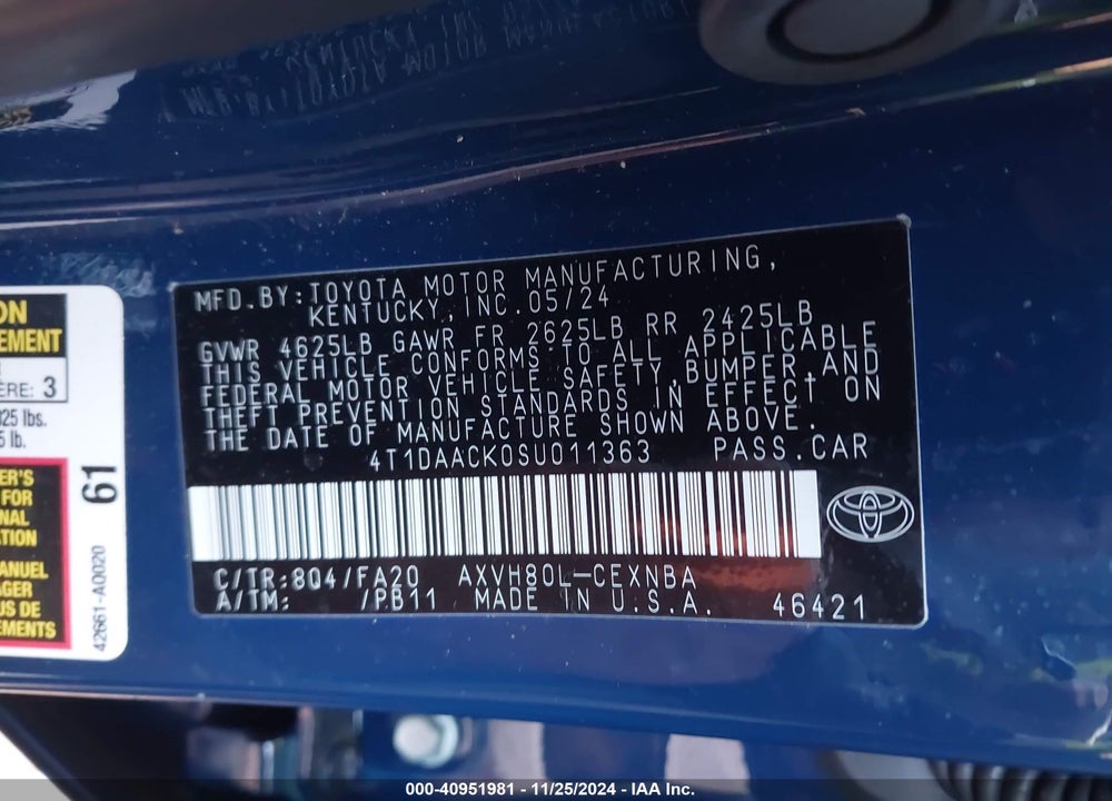 2025 TOYOTA CAMRY LE VIN: 4T1DAACK0SU011363