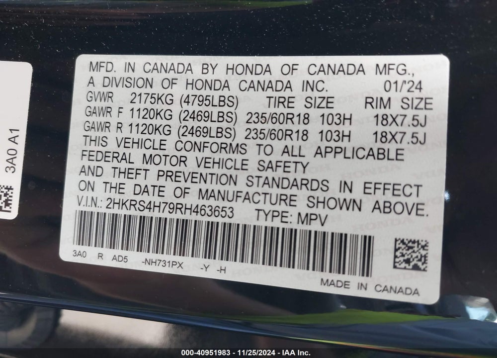 2024 HONDA CR-V EX-L AWD VIN: 2HKRS4H79RH463653