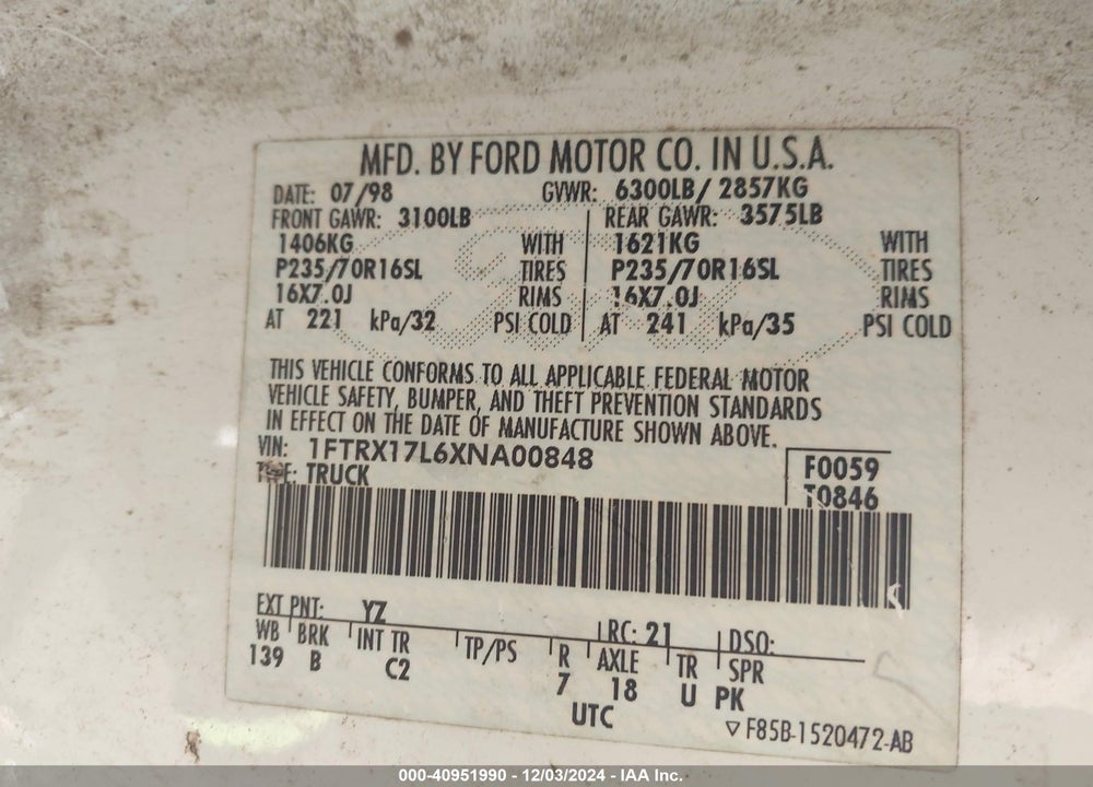 1999 FORD F-150 LARIAT/XL/XLT VIN: 1FTRX17L6XNA00848