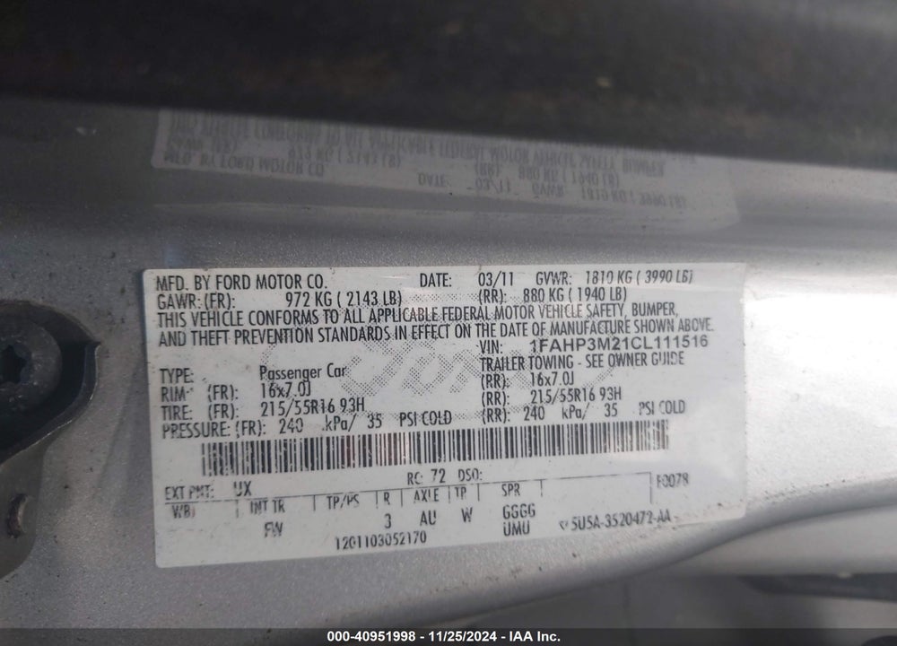 2012 FORD FOCUS VIN: 1FAHP3M21CL111516