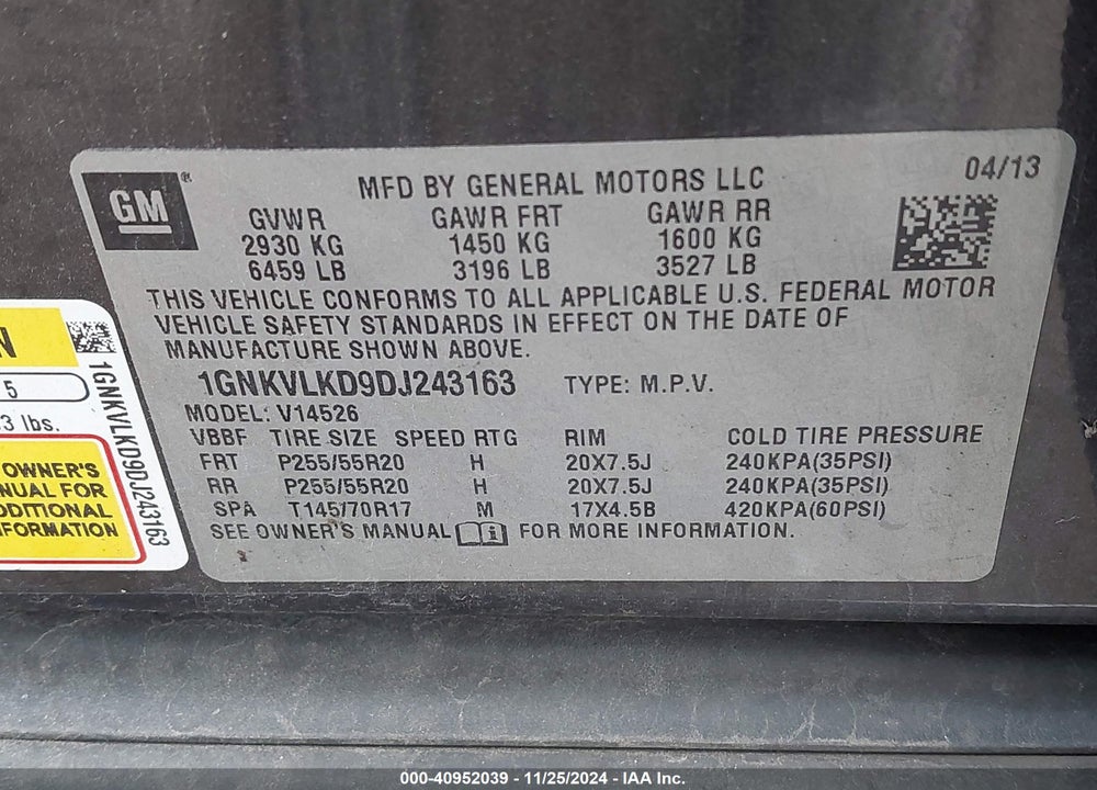 2013 CHEVROLET TRAVERSE LTZ VIN: 1GNKVLKD9DJ243163